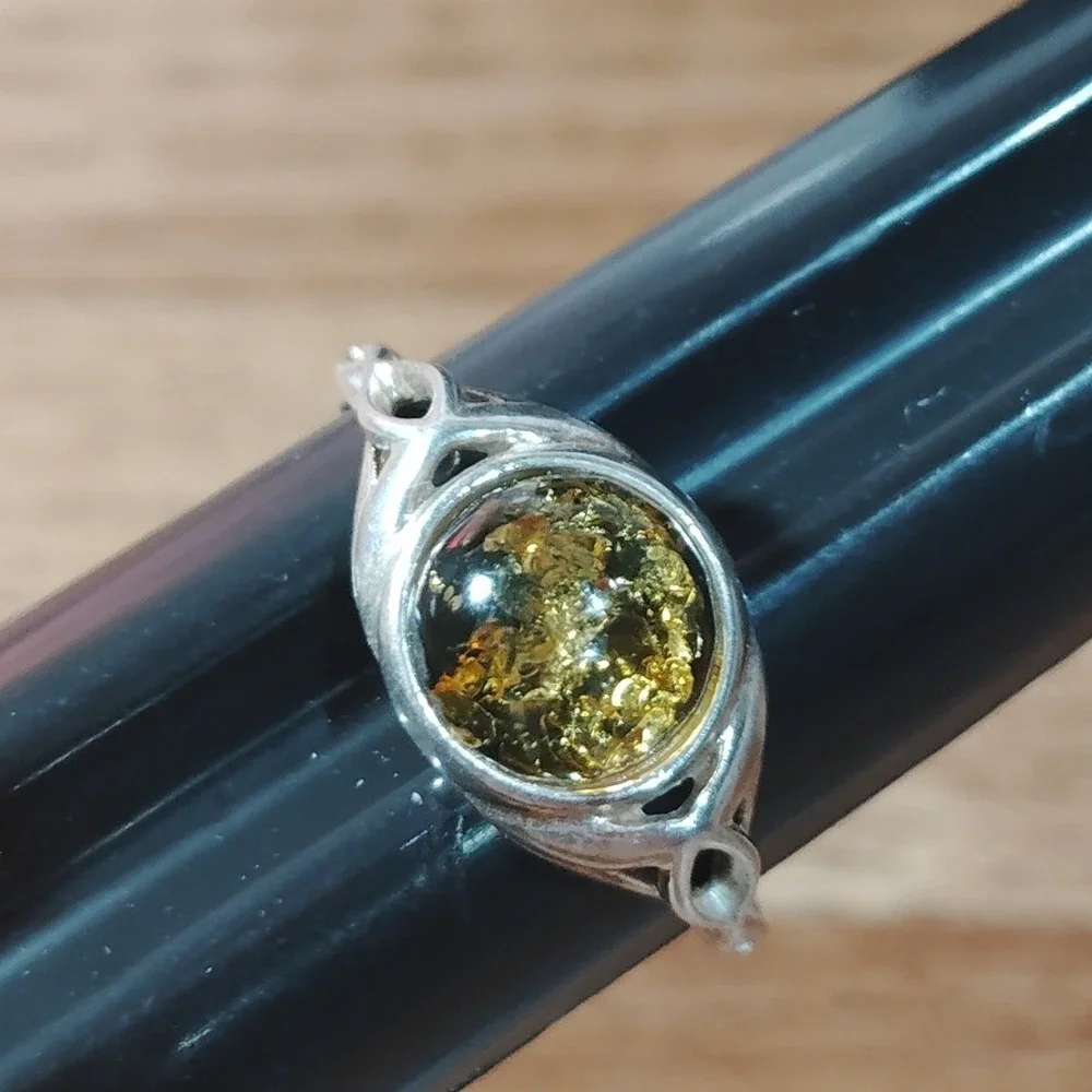 Round Green BALTIC AMBER Ring 925 STERLING SILVER Sz 7